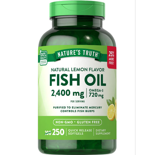 Nature's Truth Natural Lemon Flavor Fish Oil 2,400 mg with 250 quick release softgels on a hand scale.