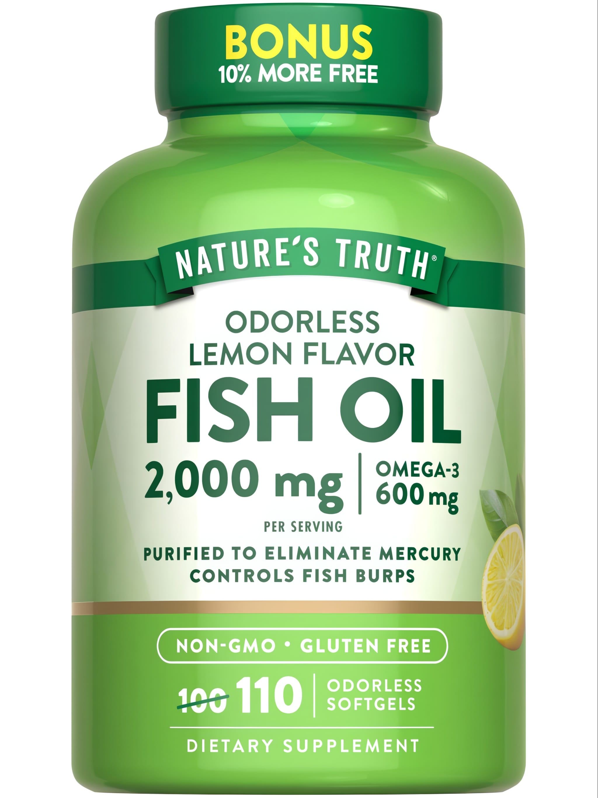 Softgels containing 2,000 mg fish oil and 600 mg Omega-3 per serving, totaling 110 odorless capsules.