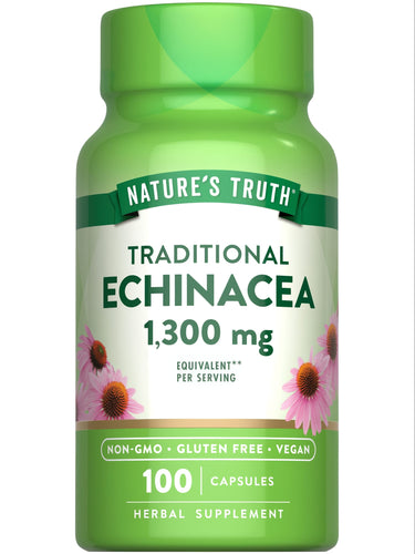 Hand scale image of Traditional Echinacea supplement, 1,300 mg, with 100 capsules, providing immune support.