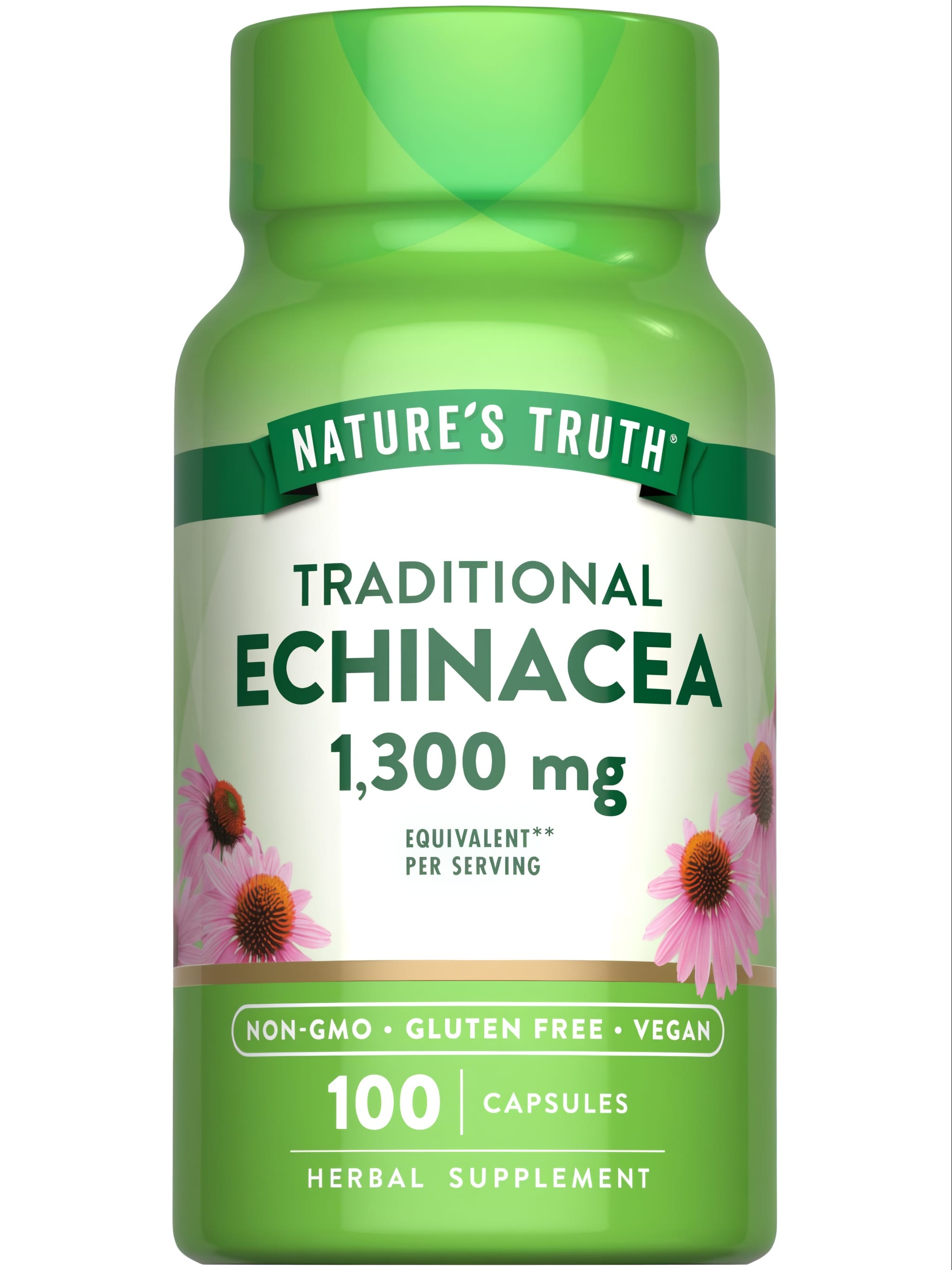 Hand scale image of Traditional Echinacea supplement, 1,300 mg, with 100 capsules, providing immune support.