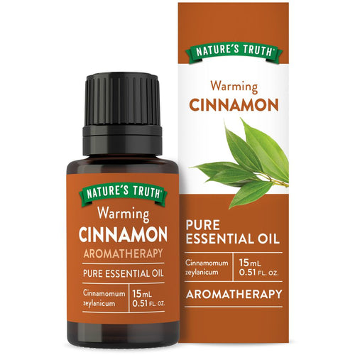 Nature's Truth Warming Cinnamon Pure Essential Oil bottle and box; Cinnamomum zeylanicum, 15 mL (0.51 FL. OZ.).