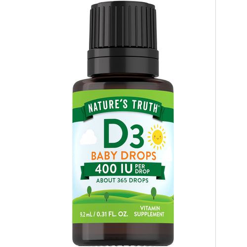 Nature's Truth D3 Baby Drops 9.2 mL bottle, providing 400 IU of vitamin D per drop, shown balanced on a hand.