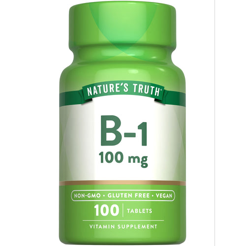 A bottle of Nature's Truth B-1 100 mg Vitamin Supplement, 100 Tablets, Non-GMO, Gluten Free, and Vegan.