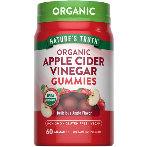 A 60-count bottle of organic apple cider vinegar gummies balanced on a hand, emphasizing health and wellness benefits.