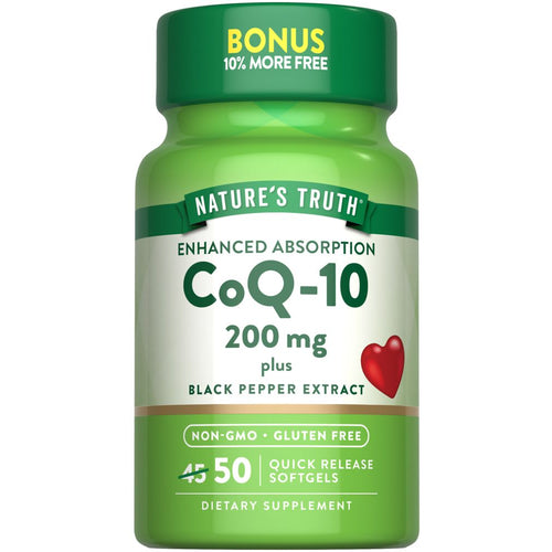 Bottle of CoQ-10 200 mg containing 50 quick release softgels shown on a hand for size reference.