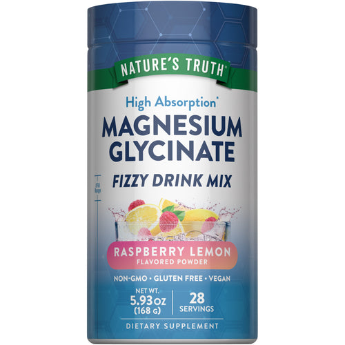 Nature's Truth High Absorption Magnesium Glycinate Fizzy Drink Mix Powder in Raspberry Lemon, 5.93 oz (168 g), 28 servings.