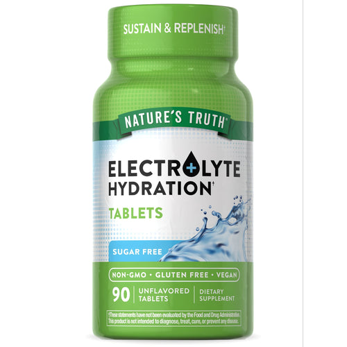 A hand holds a bulk container of 90 unflavored electrolyte hydration tablets, ideal for replenishing and maintaining electrolyte balance.