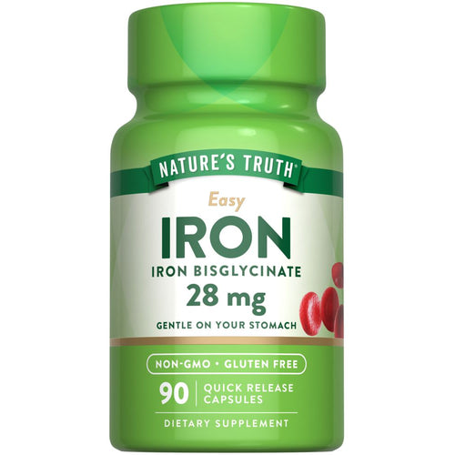 A hand holding 28 mg Iron Bisglycinate Quick Release Capsules, showcasing the product size and packaging detail.