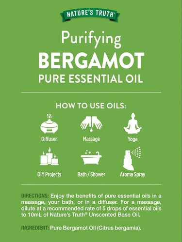 Nature's Truth Bergamot Essential Oil: Use for diffuser, massage, yoga, DIY, bath, shower, and aroma spray.
