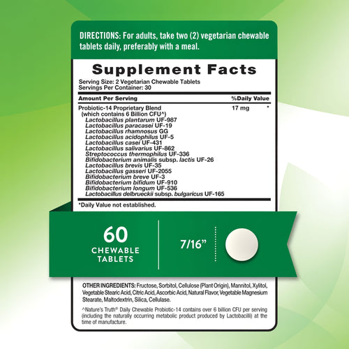 A white chewable tablet placed on a hand scale, measuring 7/16 inches in diameter.