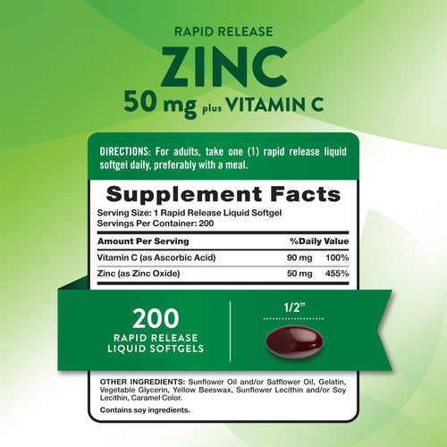 Rapid Release Zinc 50 mg plus Vitamin C Liquid Softgels, 200 count, features a half-inch softgel size.
