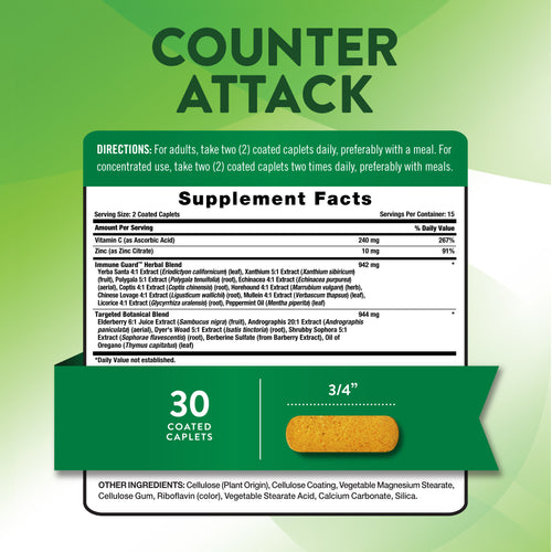 Counter Attack 30 Coated Caplets. Image shows one 3/4 inch caplet next to the product count.