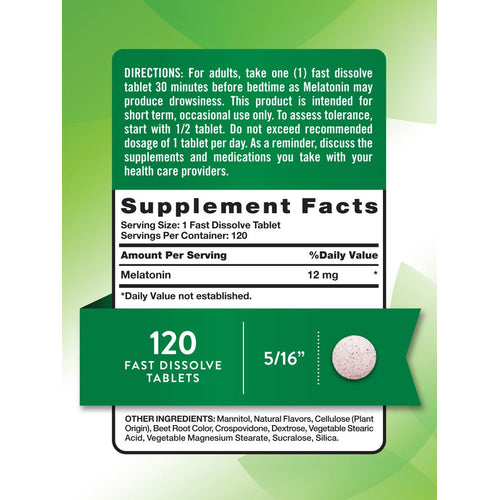 A 5/16 inch fast dissolve melatonin tablet on a hand scale, indicating the size and ease of consumption.