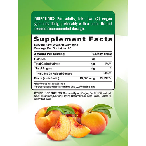 Supplement Facts panel for Biotin 10,000 mcg, 50 gummies, displayed on hand scale.