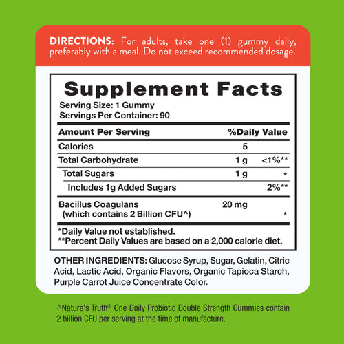 Supplement Facts panel for Probiotic 2 Billion Raspberry Lemon 90 Gummies, showing nutritional information.