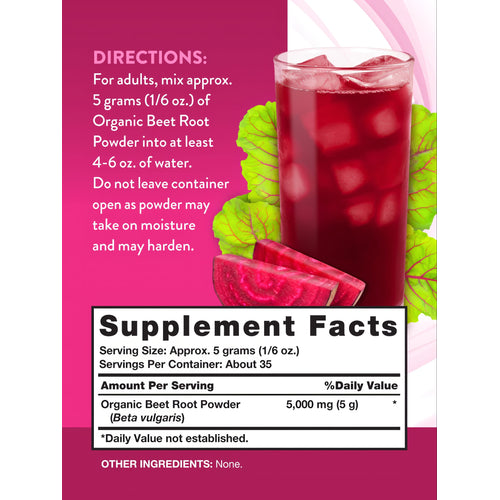 Directions to mix 5 grams (1/6 oz.) of Organic Beet Root Powder with a glass of beet juice and slices.