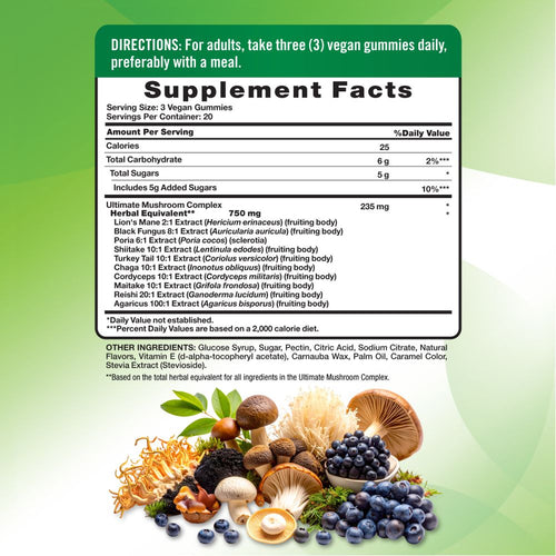 Supplement Facts panel shown for Mushroom Complex 60 Gummies, detailing nutrition information in an easy-to-read format.