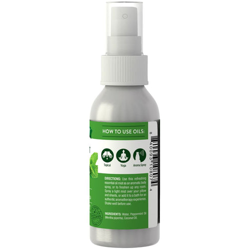 Peppermint Spray 2.4 oz bottle. Label details use as Topical, Yoga, Aroma Spray, and ingredients: Water, Peppermint Oil, Coconut Oil.