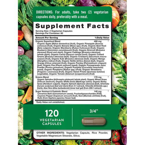 Supplement Facts panel showing details for Super Fruits and Veggies 120 Veg Caps.