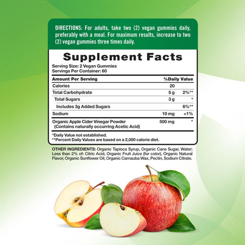 Supplement Facts panel for 120 Organic Apple Cider Vinegar Gummies displayed on a hand scale.