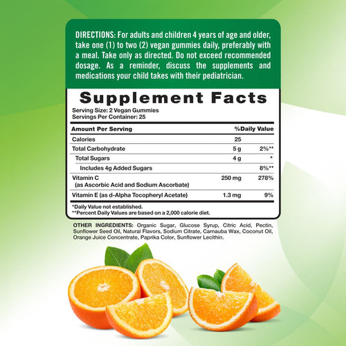 Supplement Facts for NT Vitamin C Slices, 50 Gummies, displayed on a hand scale.