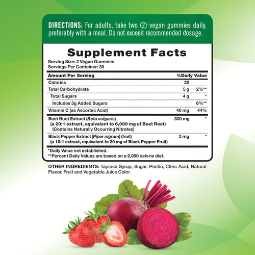 Image showing the Supplement Facts panel for Beet Root 60 Gummies, detailing nutritional information and ingredients.