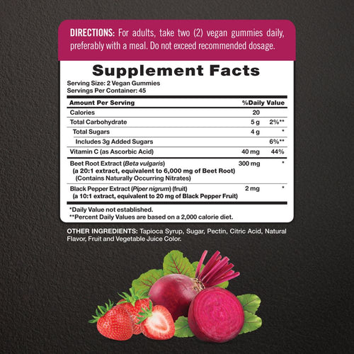 Supplement Facts panel for Nitric Oxide Beet Root Gummies, 90 count, detailing nutritional information.