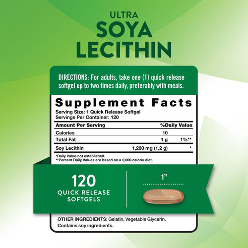 A hand holds a one-inch Ultra Soya Lecithin Quick Release Softgel, weighing 1.2 grams, to show size and scale.