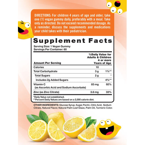 Label displaying Supplement Facts for NT Kids C + Zinc with 60 gummies, showing nutritional information.
