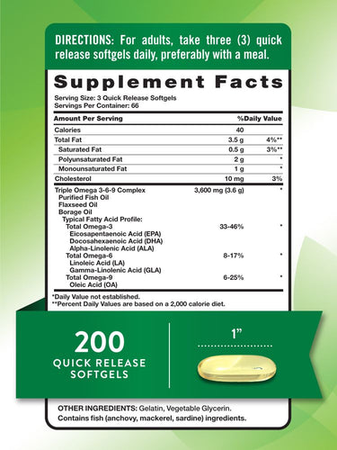 Triple Omega 3-6-9 3600 mg mit Fisch, Leinsamen, Nachtkerze