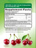 Clusters of fresh red tart cherries with green stems are displayed.