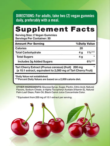 Clusters of fresh red tart cherries with green stems are displayed.