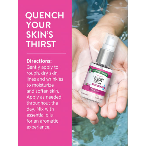 NATURE'S TRUTH Professional COLLAGEN BEAUTY SERUM bottle, 1 FL. OZ. (30mL), held in hands above water surface.