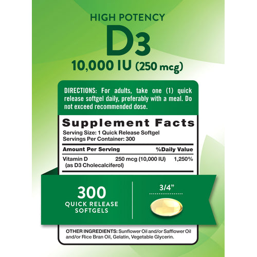 Vitamin D3 High Potency 10,000 IU (250 mcg) 300 Quick Release Softgels. One softgel is 3/4 inch long.
