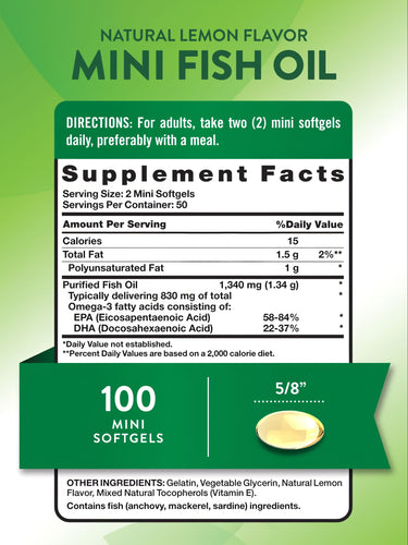 Hand holds a bottle of 100 mini fish oil softgels, each measuring 5/8 inch long.