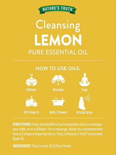 Cleansing Lemon Pure Essential Oil infographic showing uses: Diffuser, Massage, Yoga, DIY Projects, Bath/Shower, Aroma Spray.