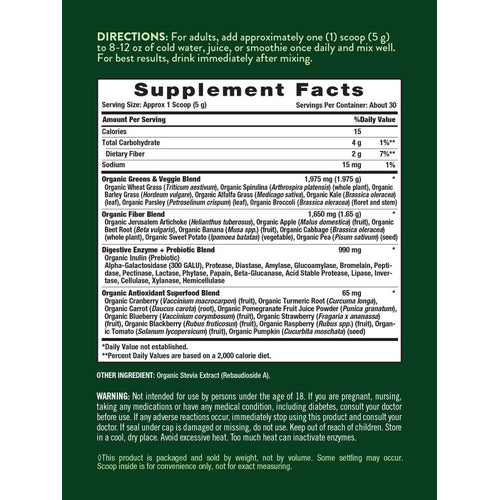 Image shows the Supplement Facts panel for NT Greens Powder, detailing nutritional information and ingredient list.