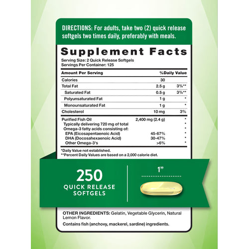 A hand holding a softgel of NT Lem Fl Fish Oil 2400 mg, measuring 1 inch, highlighting its quick release formula.