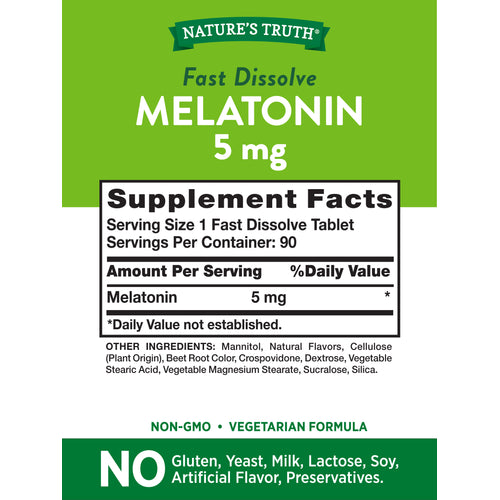 The Supplement Facts panel for Melatonin 5 mg, showcasing a Twin Pack with a total of 180 tablets (90+90).