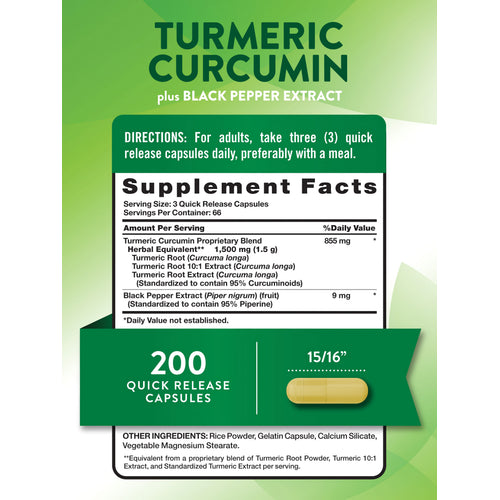 Supplement Facts panel for Turmeric 1000 mg with Black Pepper, 200 capsules.