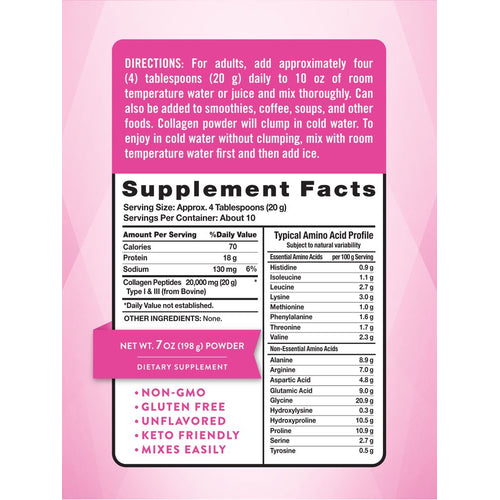 Supplement Facts label for NT Collagen Powder, 7 oz hand scale, showing nutritional details.
