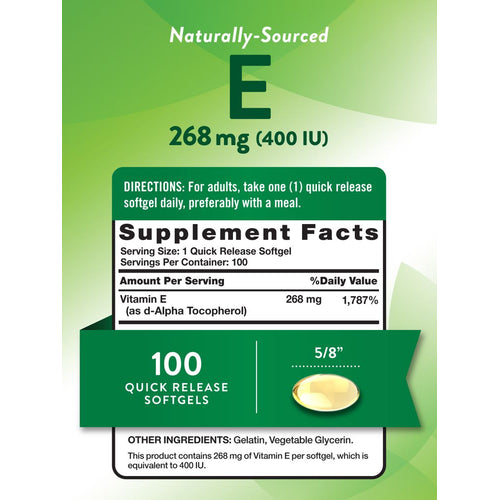 A Vitamin E 268 mg (400 IU) softgel next to a 5/8 inch measurement for scale.
