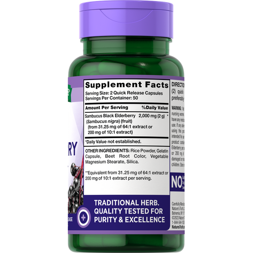 Elderberry 2000 mg 100 Capsules Supplement Facts panel displayed on packaging.