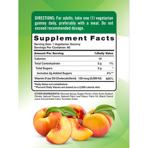 Label showing Supplement Facts for D3 5000 IU (125 mcg), 60 Gummies.