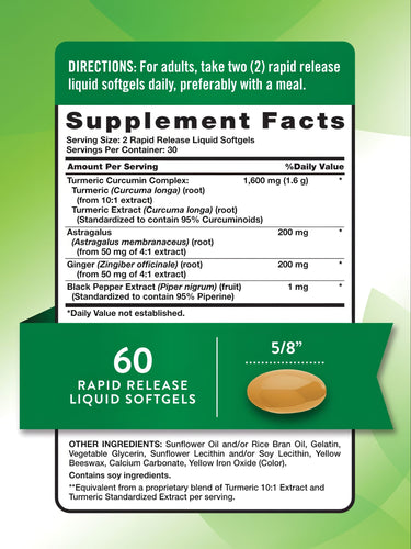 Amber rapid release liquid softgel measures 5/8 inch in size, depicted on a bulk scale for accurate dimension presentation.