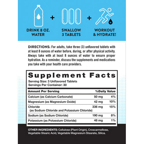 A hand holding three unflavored tablets, the serving size for NT Electrolyte Hydration 90 Tablets.