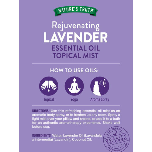 Nature's Truth Rejuvenating Lavender Essential Oil Topical Mist label with directions, ingredients, and quality seal.