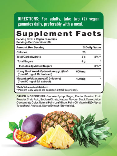 Supplement Facts panel displayed for Passion 60 Gummies, showing nutritional information and ingredient details on scale.