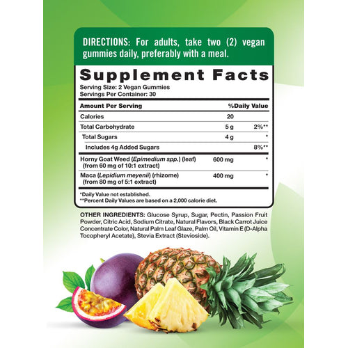 Supplement Facts panel displayed for Passion 60 Gummies, showing nutritional information and ingredient details on scale.