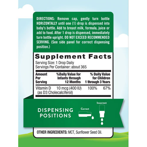 Baby D3 Drops: 1 drop daily provides 10 mcg (400 IU) Vitamin D, featuring horizontal dispensing instructions.